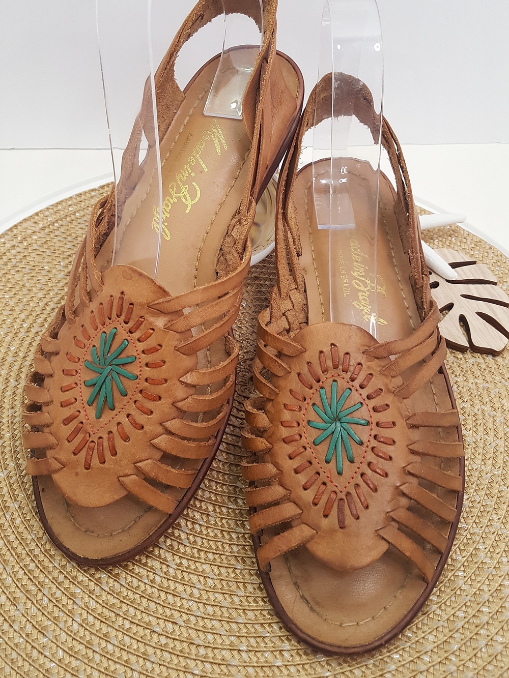 Vintage 90's Brazilian Boho Woven Tan Leather Open Toe Slingback Sandals